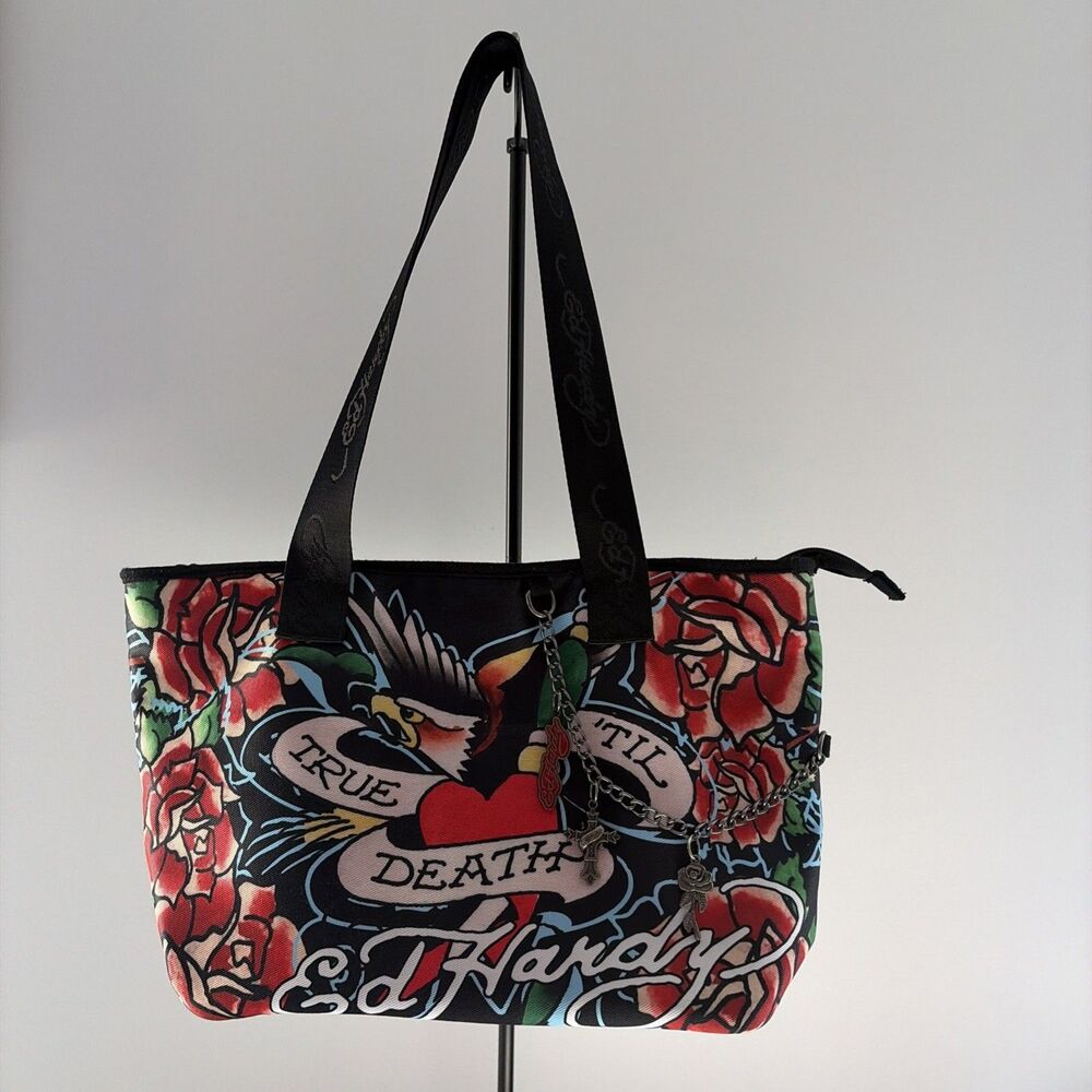 NWT Ed Hardy Lulu Tattoo Print Large Tote Bag With Chain Charm 17” W By 10” H